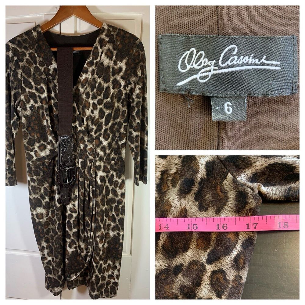 Oleg Cassini Animal Print Cocktail Event Dress Mediumā Belted Faux Wrap Mini Mob
